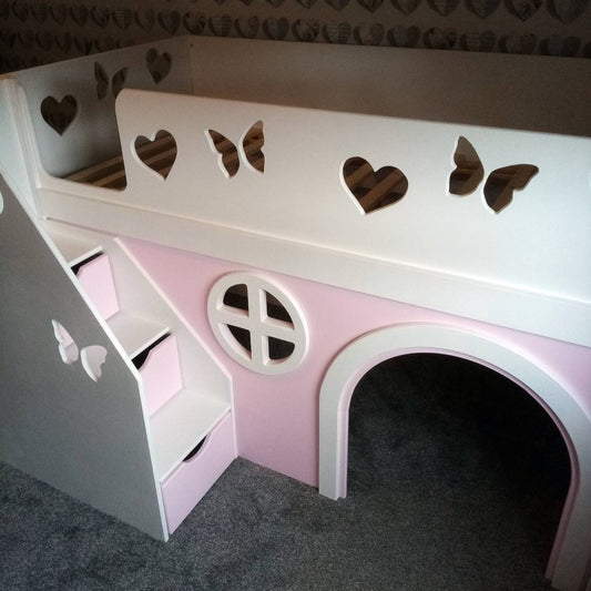 Traditional Joiners Space Saver Bed with Front Stairs.  With Hearts and Butterflies