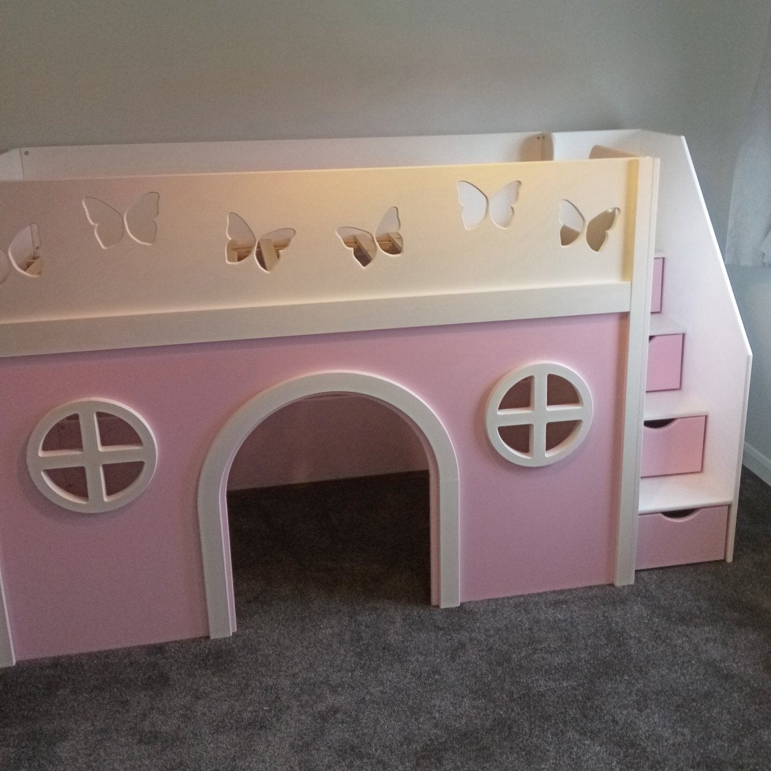 Traditional Joiners Space Saver bed with Side Stairs. Butterflies